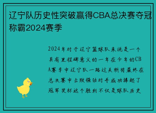 辽宁队历史性突破赢得CBA总决赛夺冠称霸2024赛季