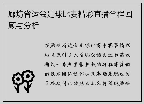 廊坊省运会足球比赛精彩直播全程回顾与分析